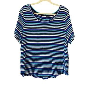 Talbots Plus 2X Blue Striped Short Sleeve Scoop Neck Button Back Knit Top